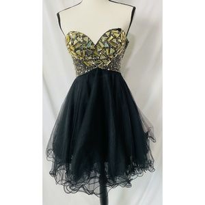 Night Moves Black/Gold Jewel Bodice Prom, Cocktail Strapless  Babydoll D…